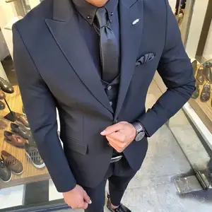 Kostüm Blazer Homme Slim Fit adam akıllı iş zarif eğlence beyefendi Blazer Set erkek takım elbise için 3 parça smokin ceket