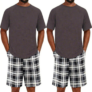 Conjunto de Pantalones Cortos a Cuadros Casuales de Verano para Hombre, Talla Grande, 100% Algodón, Tejido Transpirable de Secado Rápido, Conjunto de Dos Piezas - Product Image 1