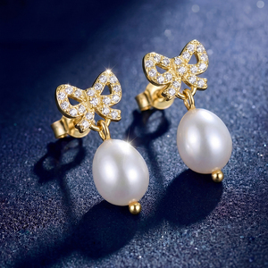 S925 <b>Silver</b> Gold Plated Bow Freshwater <b>Pearl</b> Drop <b>Earrings</b> CZ Pave Dangle Elegant Jewelry Gift for Women - Product Image 3