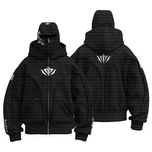 Sudadera con Capucha y Cremallera para Hombre Fabricada a Medida Estilo Y2K de Gran Gramaje y Corte Ancho con Doble Capucha, Bordado, Lavado Ácido y Pasamontañas <span class=keywords><strong>Ninja</strong></span> Integrado - Product Image 3