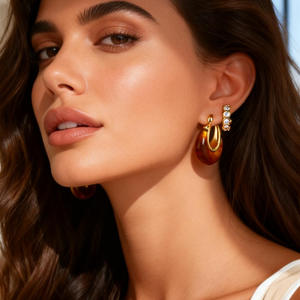 Pendientes de Aro con Resina Ámbar, Chapados en Oro de 18k, Forma de U, Ovalados, Joyería de Moda - Product Image 1