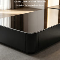 Table basse moderne en verre trempé noir, cadre de rangement en MDF à bords arrondis, facile à nettoyer, résistant aux rayures pour salon, bureau à domicile