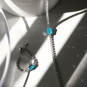 Fashion Dainty Jewelry Adjustable Ring Stainless Steel Blue <b>Crystal</b> Charm Zircon Tennis Chain Bracelet Ring Jewelry <b>Set</b> - Product Image 5