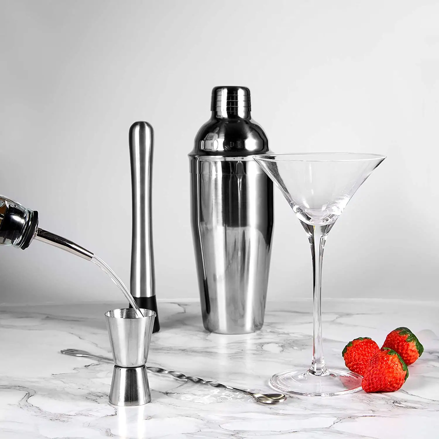 Vendita calda Bar accessori strumento Martini Shaker misurazione Jigger cucchiaio di miscelazione Set di Kit barman in acciaio inossidabile