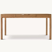 Bureau d'écriture élégant et minimaliste en chêne clair à 1 tiroir avec poignée encastrée en laiton et pieds arrondis pour bureau à domicile, chambre à coucher, personnalisable OEM