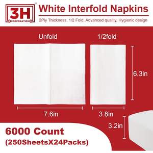 กระดาษเช็ดปากแบบพับ 3H สีขาว ใช้แล้วทิ้ง 2 ชั้น 6000 แผ่น บรรจุภัณฑ์แบบแพ็คใหญ่ (24 แพ็ค, 250 แผ่น/แพ็ค) ขนาด 6.3" x 7.6" เมื่อกางออก - Product Image 5