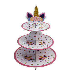 Set dudukan Cupcake emas Unicorn, rak <span class=keywords><strong>Display</strong></span> kue pernikahan ulang tahun sore teh makanan penutup 3 lapis pemegang kardus kertas - Product Image 1