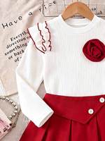 Ensemble deux pièces pour filles : Haut côtelé à manches longues avec volants et fleurs + Jupe plissée évasée