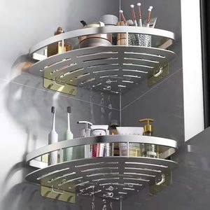 Étagère de salle de bain à double niveau en aluminium, fixation par ventouse, design minimaliste en forme d'éventail, montage mural en coin - Product Image 3