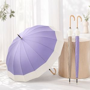 Parapluie coupe-vent et anti-UV à ouverture automatique avec poignée en bois en forme de J, 16 baleines, blocs de couleur, personnalisable avec logo OEM, pour hommes et femmes - Product Image 1