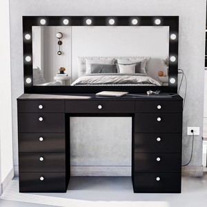 Coiffeuse avec miroir de maquillage, 6 <span class=keywords><strong>tiroirs</strong></span>, couleur <span class=keywords><strong>noire</strong></span>, table de toilette pour chambre à coucher, avec éclairage LED moderne - Product Image 1