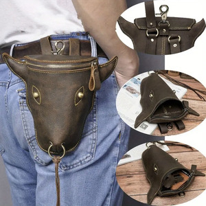 Retro Crazy Horse Leather Bull Head Fanny Pack Men's <b>Small</b> Cell Phone <b>Bag</b> With Zipper Closure For Leisure Travel - Product Image 1