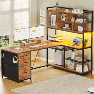 SENYU <b>L</b> <b>Shaped</b> Wooden Computer <b>Desk</b> With Bookshelf Storage Drawers Rustic Brown Office Workstation Corner <b>Desk</b> - Product Image 1