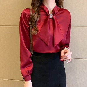 สตรีผ้าไหมโบว์ผูกคอเสื้อ<span class=keywords><strong>ญี่ปุ่น</strong></span>สีฟ้า Dressy <span class=keywords><strong>เสื้อ</strong></span>แขนโคมไฟสํานักงานเลดี้<span class=keywords><strong>เสื้อ</strong></span>อย่างเป็นทางการเสื้อ - Product Image 5