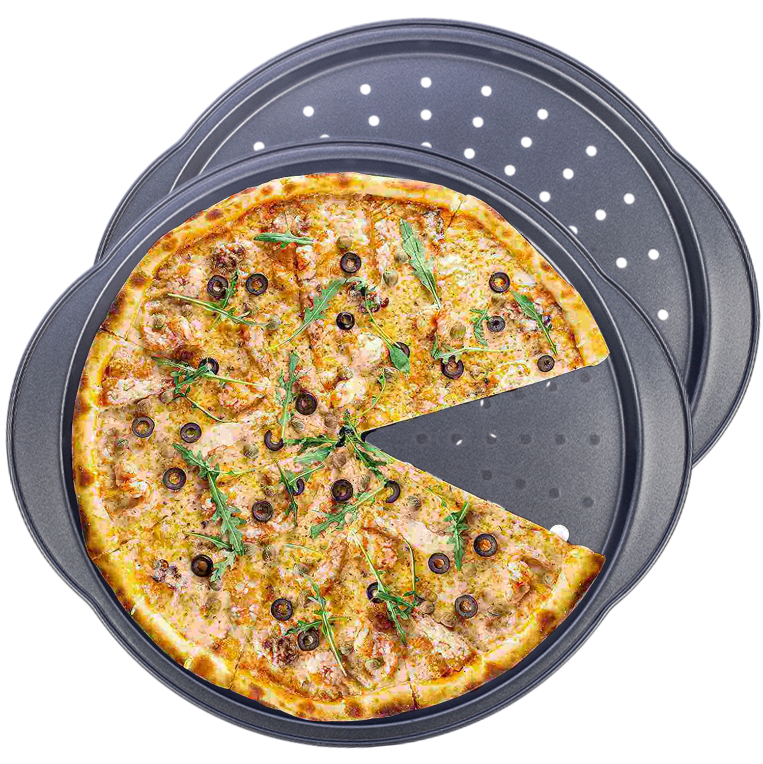 Özelleştirme yapışmaz Pizza Pan karbon çelik Pizza tepsisi yuvarlak Pizza Bakeware ev pişirme için delik ile sebzelik Pan