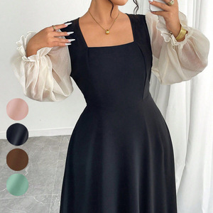 Vestidos elegantes de talla grande con cuello cuadrado y mangas abullonadas de malla para mujer - Product Image 6