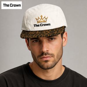 Gorra de camping de 5 paneles personalizada al por mayor de alta calidad con estampado de leopardo, bordado dorado en la visera, visera plana, estilo retro, unisex - Product Image 3
