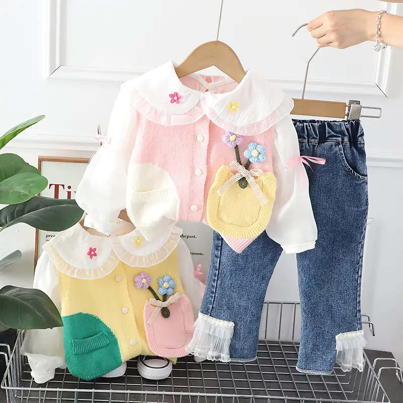 Roupas infantis 3 peças top + colete de malha + jeans flor adorável para bebês meninas, novidade boutique primavera outono