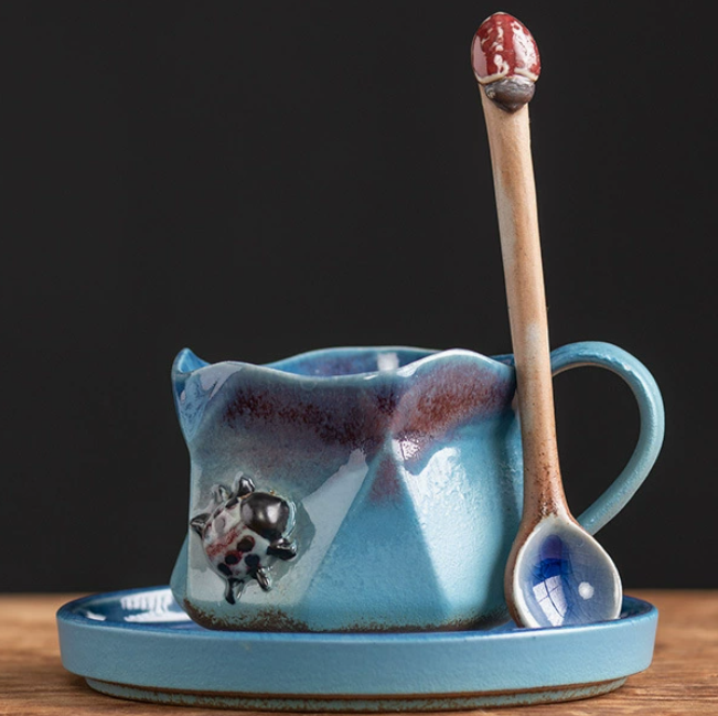 Taza y plato Beetle - Azul (con cuchara)