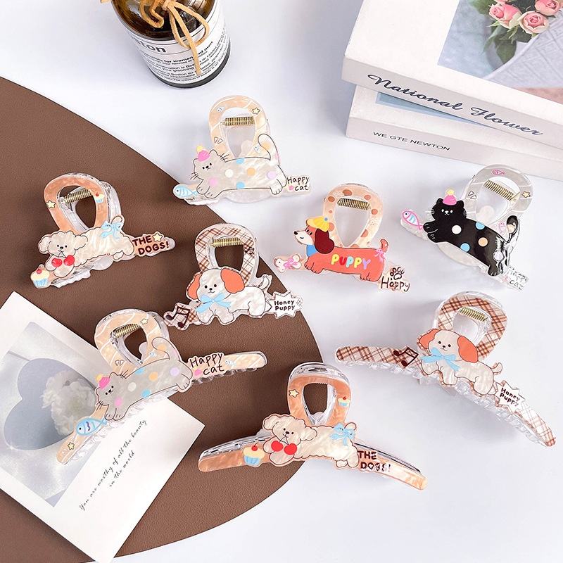 New Fresh Plaid Summer Hair Clip Colorful All-Match Shark Clip Featuring a Cute Puppy Animal Grab Design Made of Durable Plastic