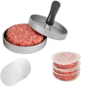 Prensa de hamburguesas de aluminio antiadherente con logotipo personalizado molde para hacer hamburguesas de carne al aire libre para barbacoa parrilla con papel encerado