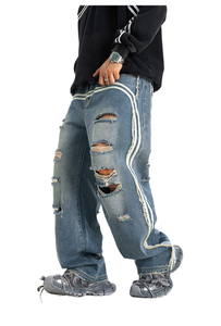 Pantalon en <span class=keywords><strong>jean</strong></span> déchiré et délavé pour jeunes garçons KY Cool, style boyfriend, avec rayures blanches sur le devant, pour hommes - Product Image 6