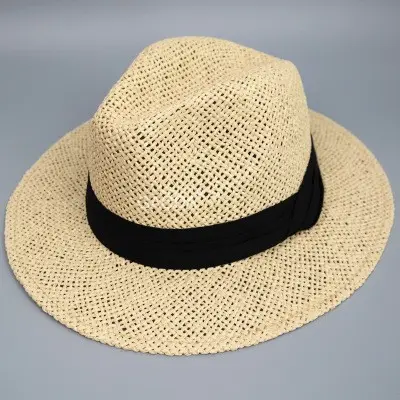 J 100% chapeau panama en papier d'été beige tricoté à la main