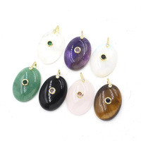 Pendentif minimaliste géométrique ovale en pierre naturelle avec incrustation de strass, plaqué or, améthyste/obsidienne/œil de tigre