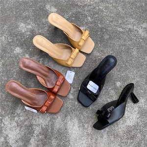 Fashion Summer Bowknot Open Toe <strong>Ladies</strong> Low Thin Heels Sandal Shoes Casual <strong>Mules</strong> Women Slip on Square Toe Sandals and <strong>Slippers</strong> - Product Image 1