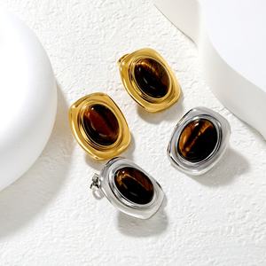 Retro <b>Fashion</b> <b>Stud</b> <b>Earrings</b> Geometric French Vintage Turquoise Stone Trendy Stainless Steel Hypoallergenic Oval Shape <b>Earrings</b> - Product Image 3