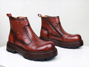 Bottines Chelsea pour hommes avec fermeture éclair latérale, en cuir véritable, effet froissé, semelle plateforme épaisse, bottines courtes décontractées pour un usage quotidien - Product Image 5