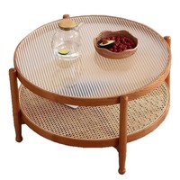 Nouvelle conception de meubles de salon modernes nordiques en bois massif et rotin, table basse ronde à plateau en verre réglable en hauteur