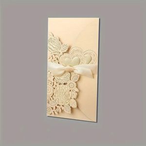 การ์ดเชิญงานแต่งงานแบบตัดเลเซอร์สีทองขาว ลายกุหลาบหัวใจ พร้อมริบบิ้นตกแต่ง สำหรับงานแต่งงาน - Product Image 3