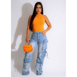 Jeans <span class=keywords><strong>Streetwear</strong></span> pour femmes Jeans cargo en denim délavé Jeans pour femmes taille haute Pantalon cargo pour femmes Pantalon cargo à 6 poches - Product Image 3