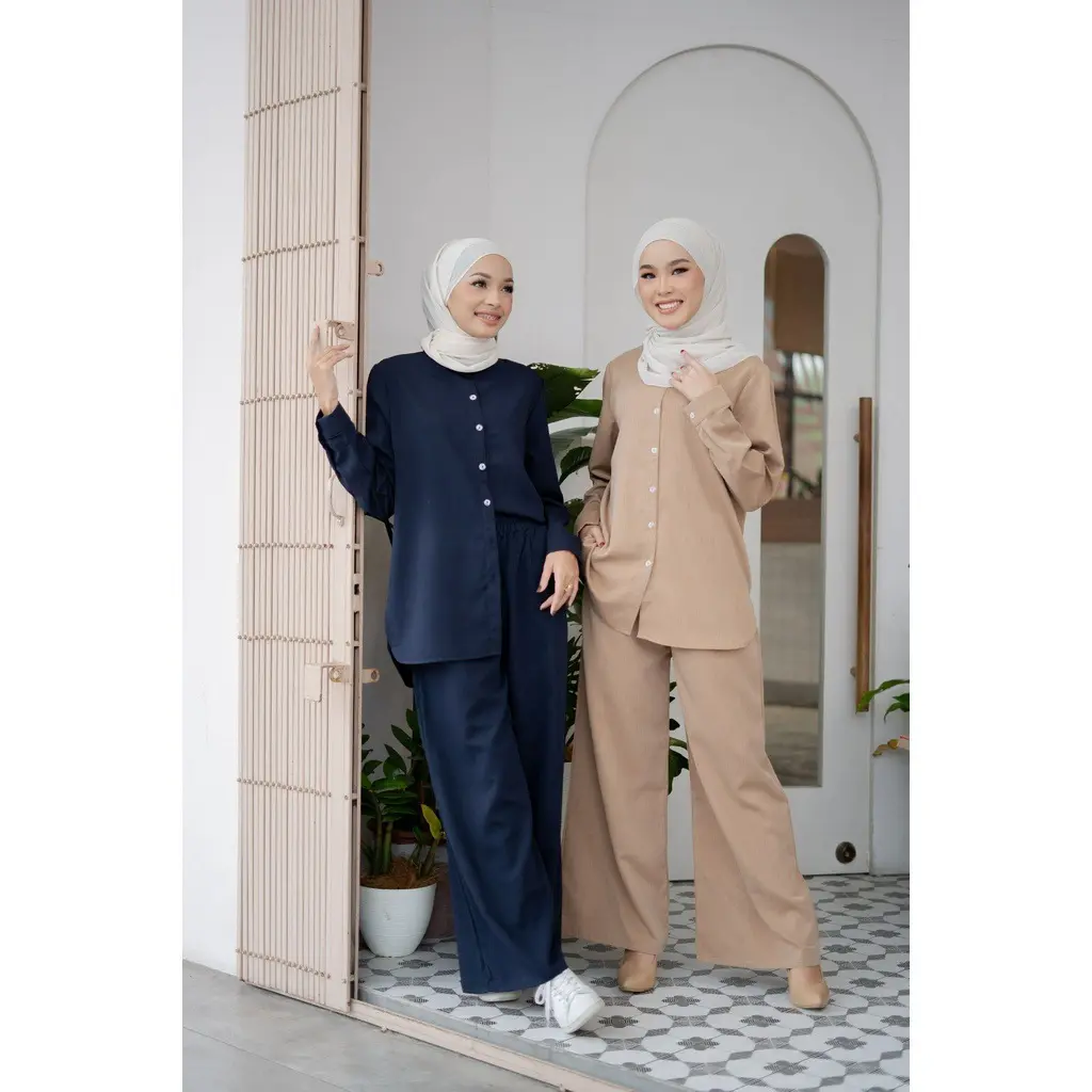 SIPO 2023 Eid Malaysian 여성용 혼합 코튼 세트 겸손한 패션 크루 넥 겸손한 숙녀 정장 2 조각 여성 겸손한 패션 세트