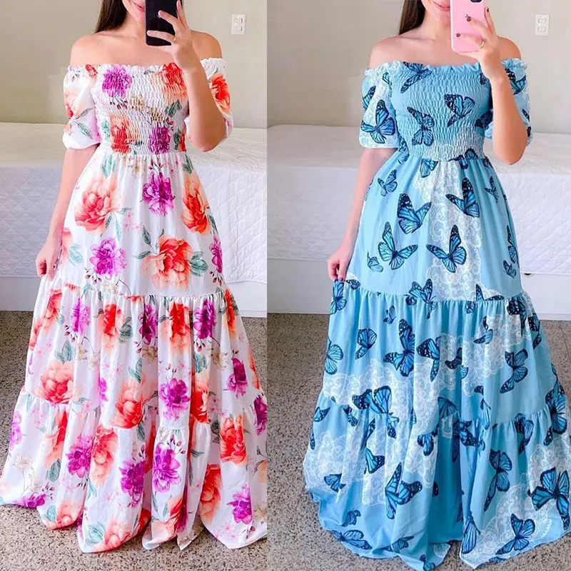 Sexy Off The Shoulder Tube Top Dress Butterfly Rainbow Floral Print Dress Ladies Elegant Slim Summer Bohemian Party Maxi Dresses