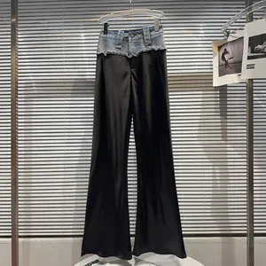 מכנסי קז'ואל עבור נשים קיץ חדש חם ילדה ג 'ינס בלוי תפרים סאטן מכנסיים נשי רחב רגל Slim שחור מכנסיים