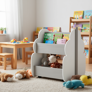 Étagère à livres en bois blanc et gris pour enfants avec roulettes universelles - Product Image 2