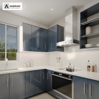 Meuble de cuisine en acrylique au design contemporain, aménagement en U, dimensions personnalisées, boîtes en panneaux de particules et rangements extractibles