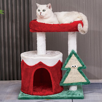 Arbre à chat en bois de Noël avec maison confortable, perchoir, 4 niveaux, meubles d'escalade pour chats d'intérieur, jeu saisonnier, motif de père Noël en carton