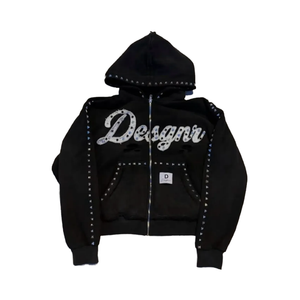 เสื้อผ้าสตรีทแวร์วินเทจผ้าฝ้ายแท้ 100% ไม่มีภาษีในสหรัฐอเมริกา ซิปแบบเฟรนช์เทอร์รี่เนื้อหนา ล้างสีแบบแอซิด ประดับคริสตัล ปักลายแบบซันเฟด - Product Image 4