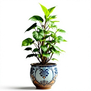 Maceta Redonda de Cerámica Esmaltada con Diseño Oriental Azul y Blanco para Plantas de Interior - Product Image 1