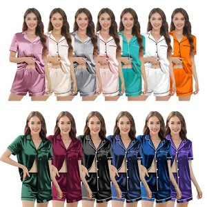 Wholesale Ladies Button Down Pjs Loungewear 2pcs Female Soild Silk Like Satin Pajamas Set Women Sleepwear Lounge Wear Pajamas