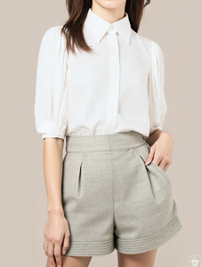 Shorts Plisados de Cintura Alta para Mujer, Color Sólido, Estilo Minimalista, Tejido de Tela con Bolsillos - Product Image 6