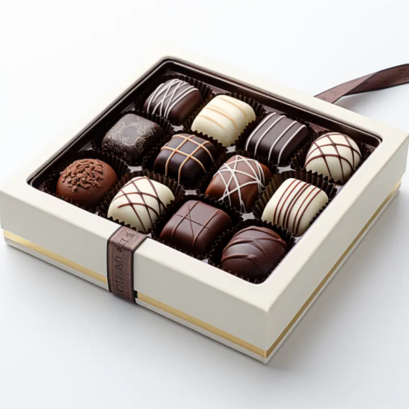 Exquisitas cajas de Bombones Gourmet personalizadas blancas con tapa y cinta caja de chocolate