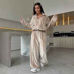 Ensemble deux pièces en <span class=keywords><strong>velours</strong></span> pour <span class=keywords><strong>femme</strong></span>, coupe ample, couleur unie, veste zippée à manches longues et <span class=keywords><strong>pantalon</strong></span> large, idéal pour l'hiver et le quotidien – Nouvelle collection personnalisée en usine - Product Image 2