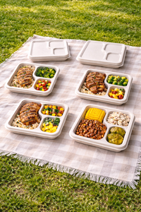 ถาดอาหารแบกาสสีขาวรักษ์โลก 3 ช่อง พร้อมฝาปิด สำหรับส่งอาหาร จัดเลี้ยง ภาชนะใช้แล้วทิ้ง และบรรจุภัณฑ์ที่ยั่งยืน - Product Image 2