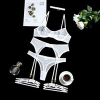 Ensemble de lingerie sexy en maille transparente à deux pièces avec soutien-gorge, culotte et jarretière