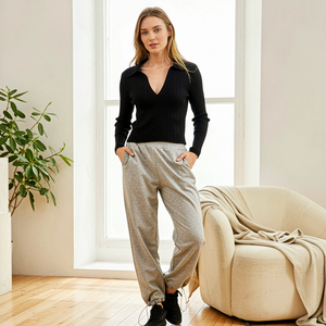LEDUO New Women's <b>Black</b> Ribbed <b>Long</b> Sleeve Crop <b>Top</b> With Turn-Down Collar Casual Knitted <b>Top</b> Spring Wear - Product Image 3