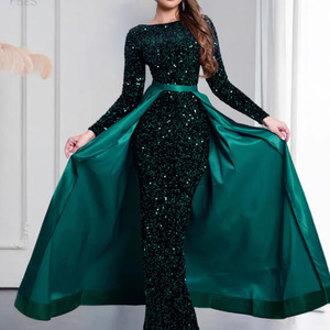 Evening Gown Long Sleeve O-Neck <b>Sequined</b> Asymmetric Maxi Dress For Banquet Party Host Queen Aura - Product Image 2